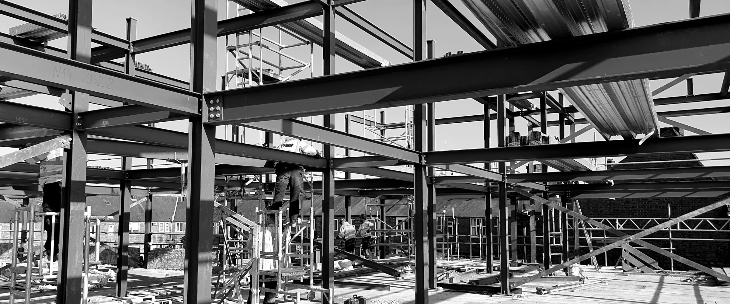 Steel frame construction in progress