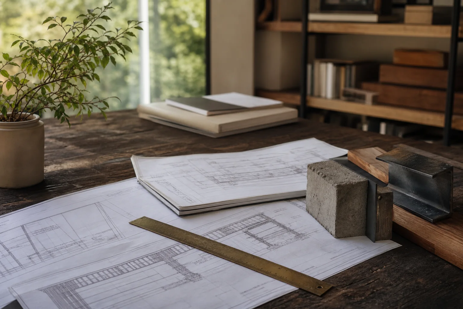 Architectural plans and construction material samples